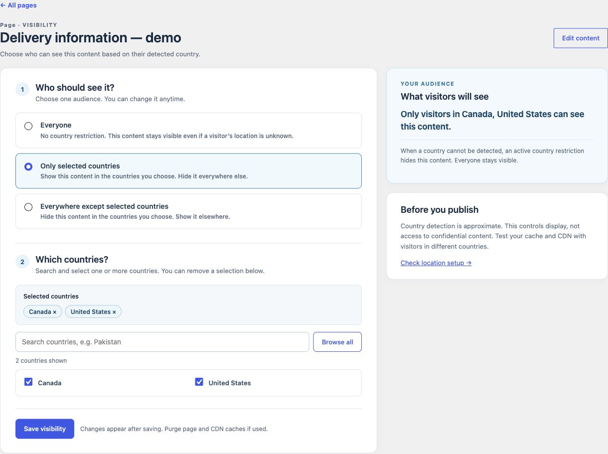 Actual WPLocation Free page-audience editor using demo content for Canada and the United States.