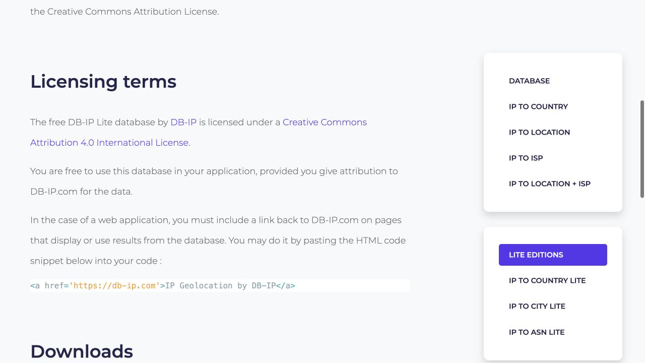 DB-IP's public Lite page stating the link requirement