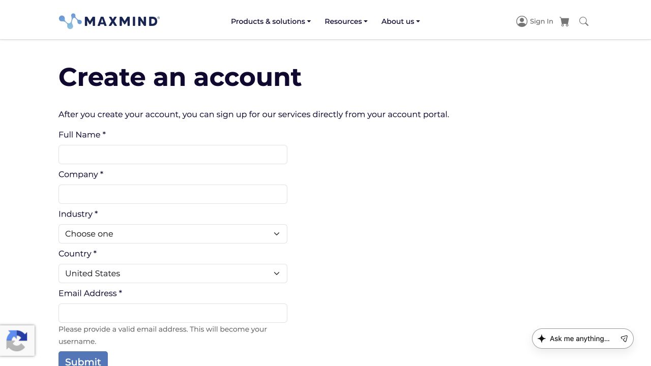 Blank MaxMind create-account form, without personal data