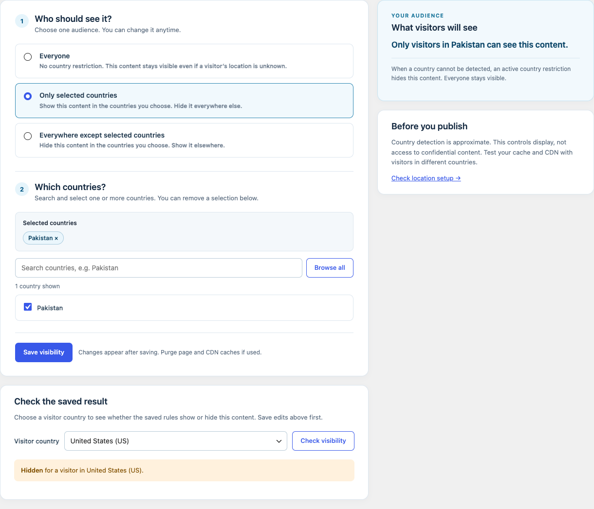 Three page audience choices and a saved country visibility check