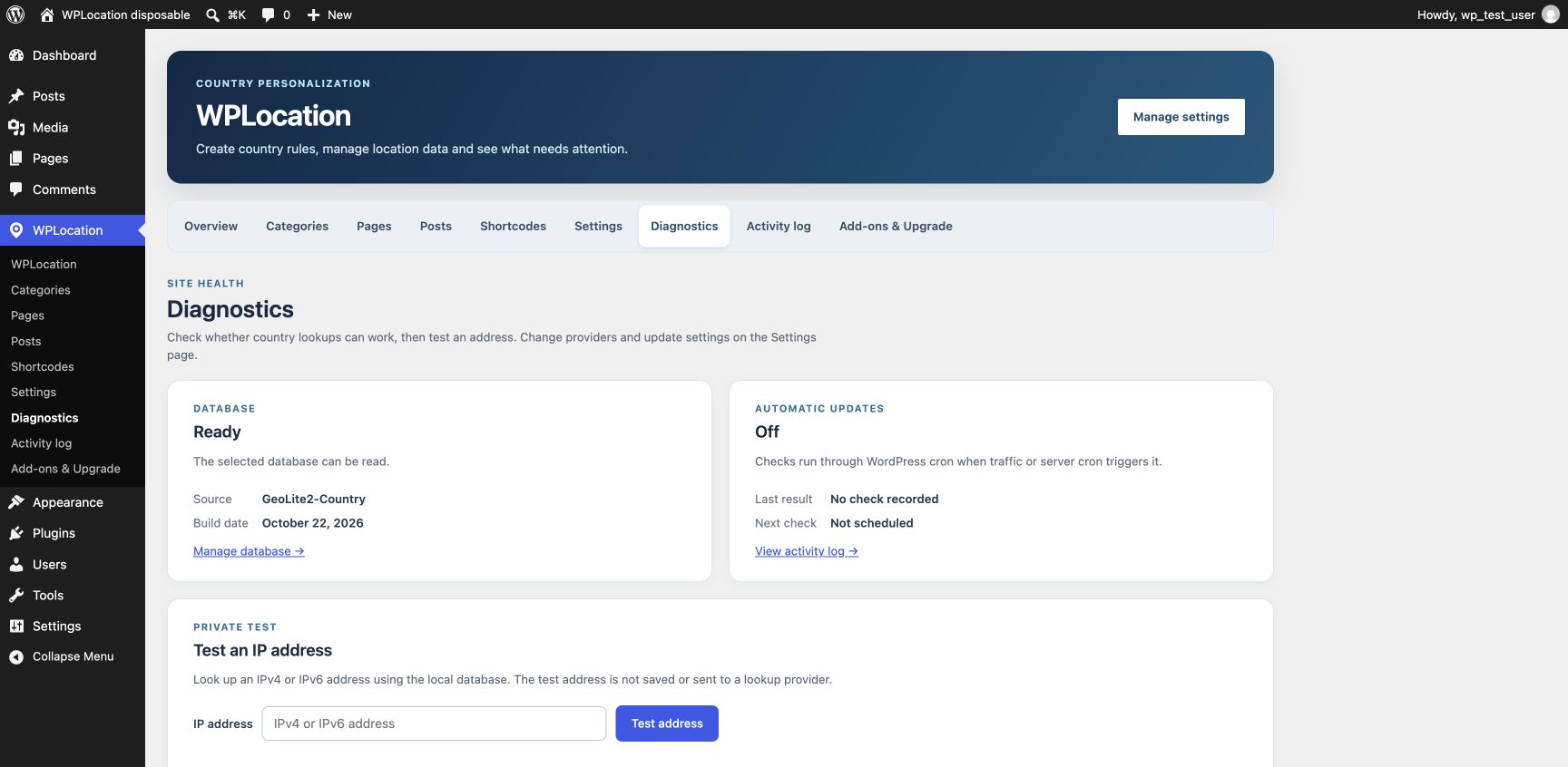 WPLocation Diagnostics on a disposable test site with a synthetic country database