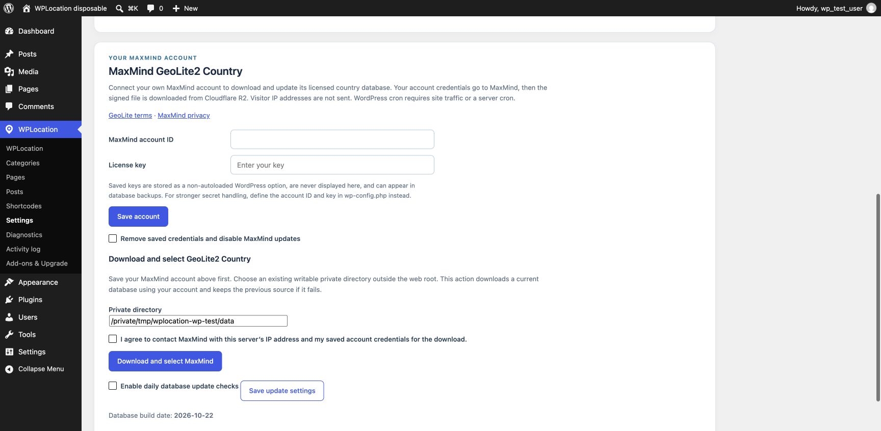 WPLocation MaxMind settings with empty demonstration credential fields