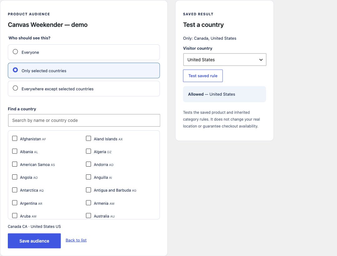 WPLocation Pro’s actual product audience editor, with Canada and the United States selected and an Allowed test result.