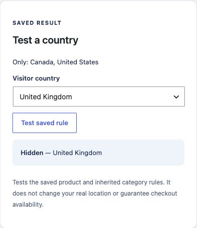 Actual saved-rule test returning Hidden for the United Kingdom on the demo product.