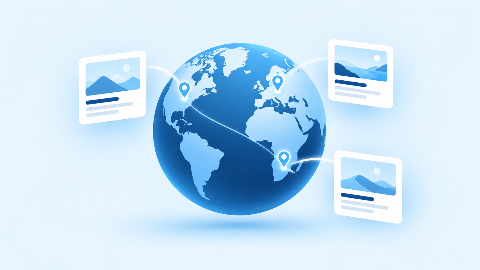Blue globe connecting location markers to WordPress content cards